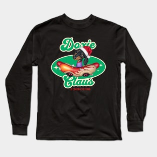 Funny cute Doxie Dog in classic hotdog car on Doxie Claus Dachshund Long Sleeve T-Shirt